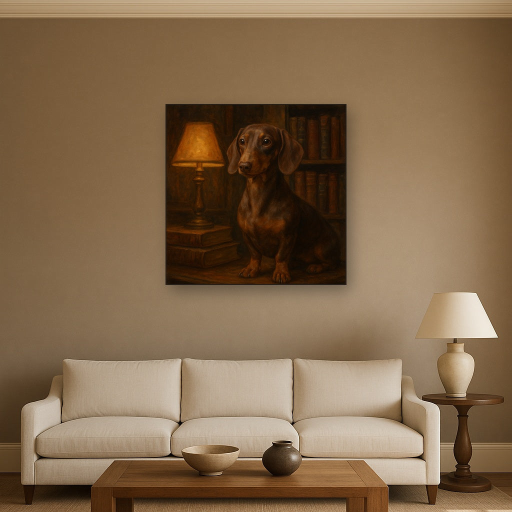 Smooth Dachshund in Moody Library Study No. 17 Fine Art Oil Painting - View 2