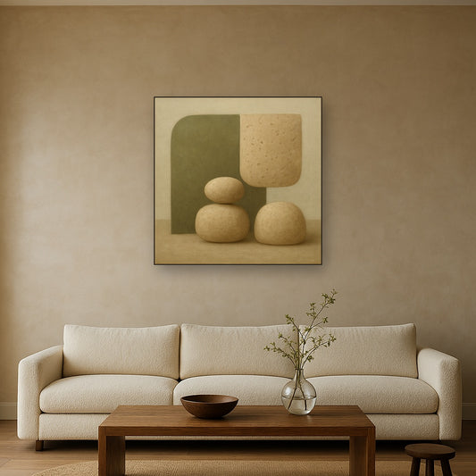 Muted Olive & Sandstone Geometric Balance No. 24 Oil Painting - View 2