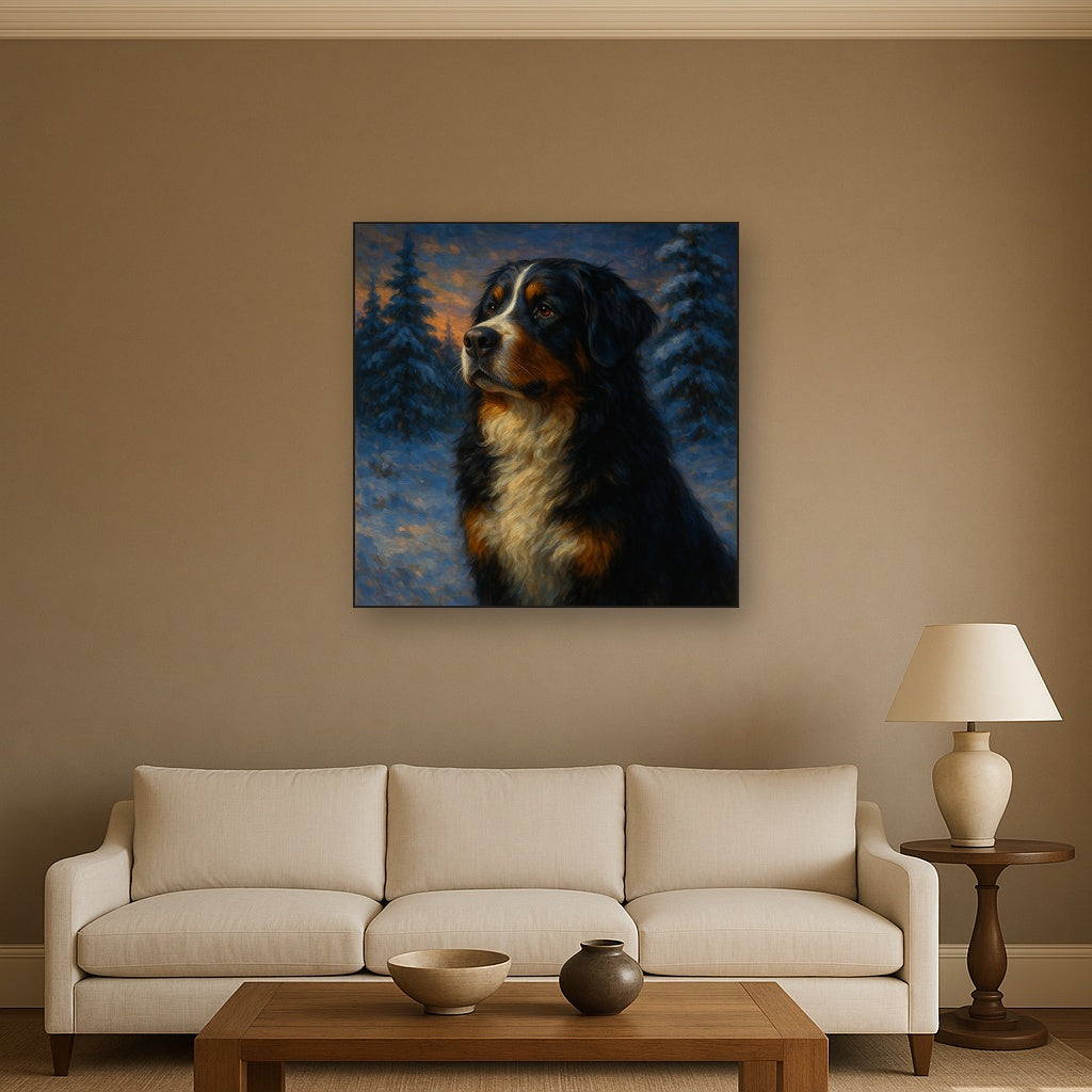 Bernese Mountain Dog in Winter Snowscape No. 4 Fine Art Oil Painting - View 2