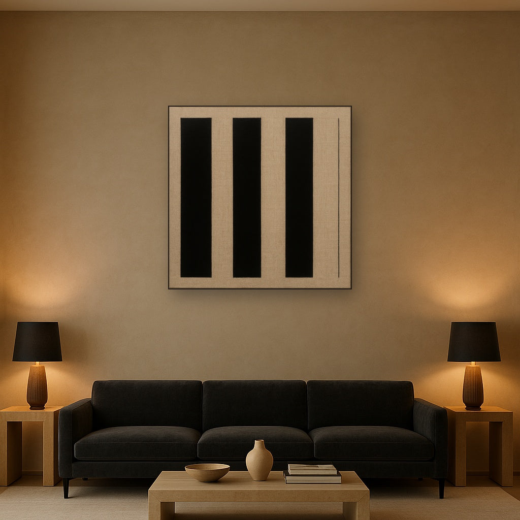 Minimalist Black Stripe & Raw Linen Rhythm No. 13 Fine Art Oil Painting - View 2