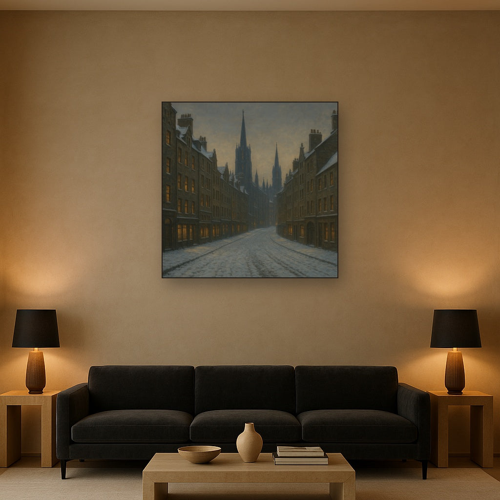 Edinburgh Old Town Royal Mile in Snow No. 22 Oil Painting - View 2
