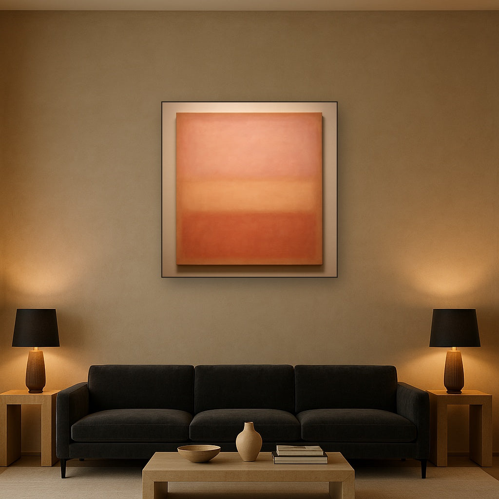 Blush Rose & Dusky Terracotta Ambient Glow No. 4 Oil Painting Staged Above Sectional Sofa in Living Room, Hand Painted Canvas Wall Art for Home Decor