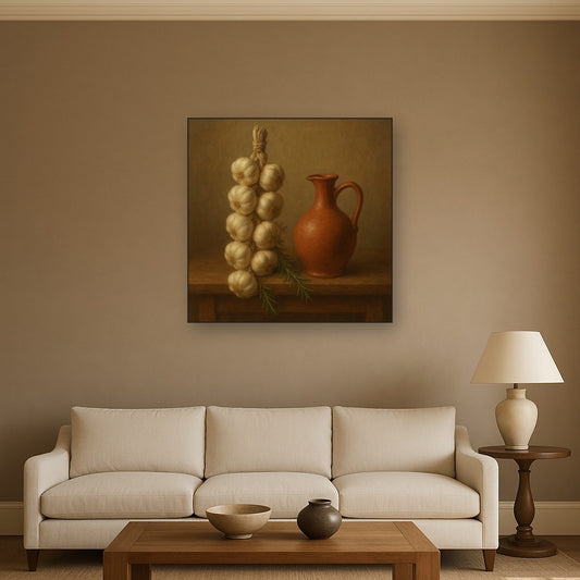 Tuscan Garlic Braid & Terracotta Cruet No. 3 Oil Painting Staged Above Sectional Sofa in Living Room, Hand Painted Canvas Wall Art for Home Decor