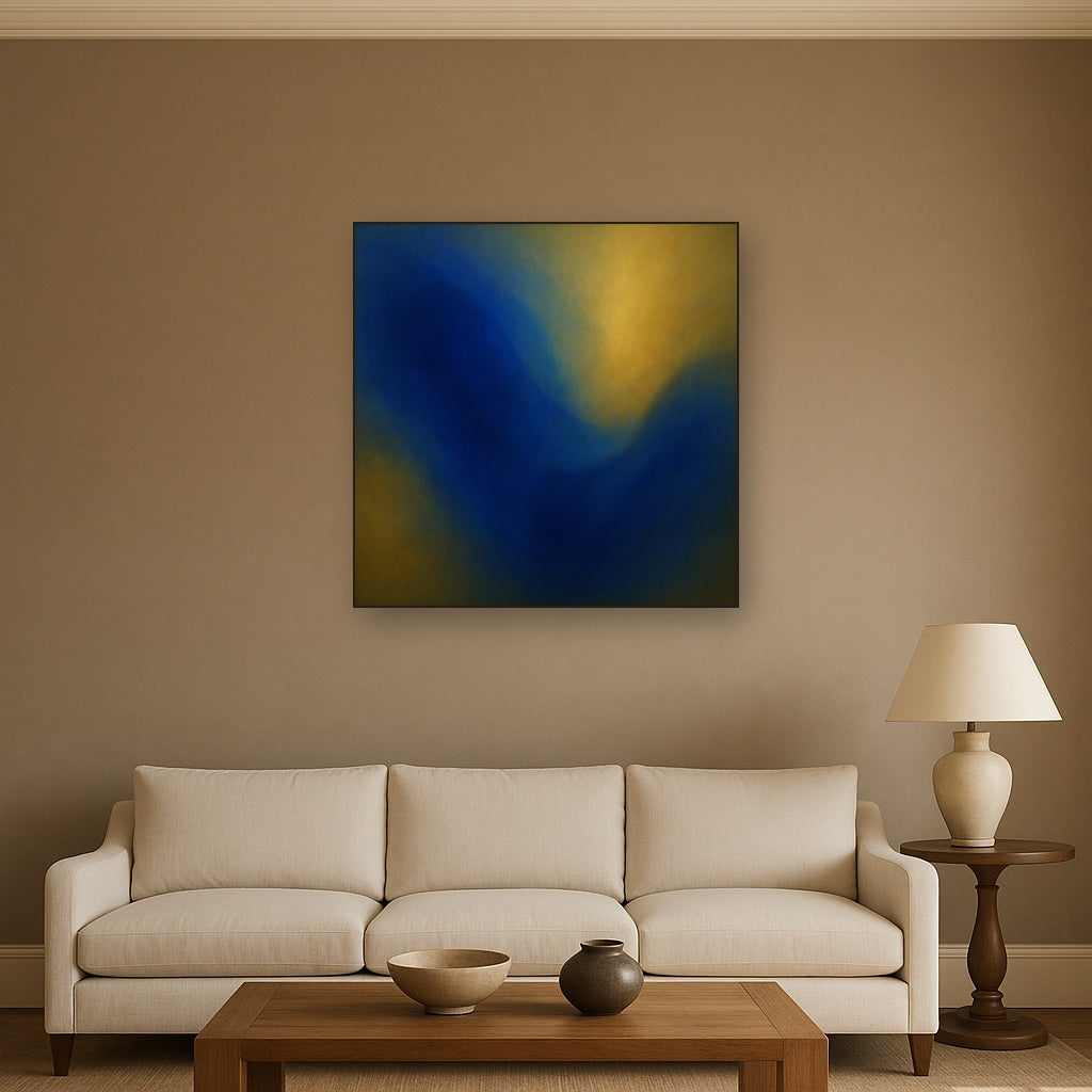 Lapis Lazuli & Golden Ochre Luminous Field No. 10 Oil Painting Staged Above Sectional Sofa in Living Room, Hand Painted Canvas Wall Art for Home Decor