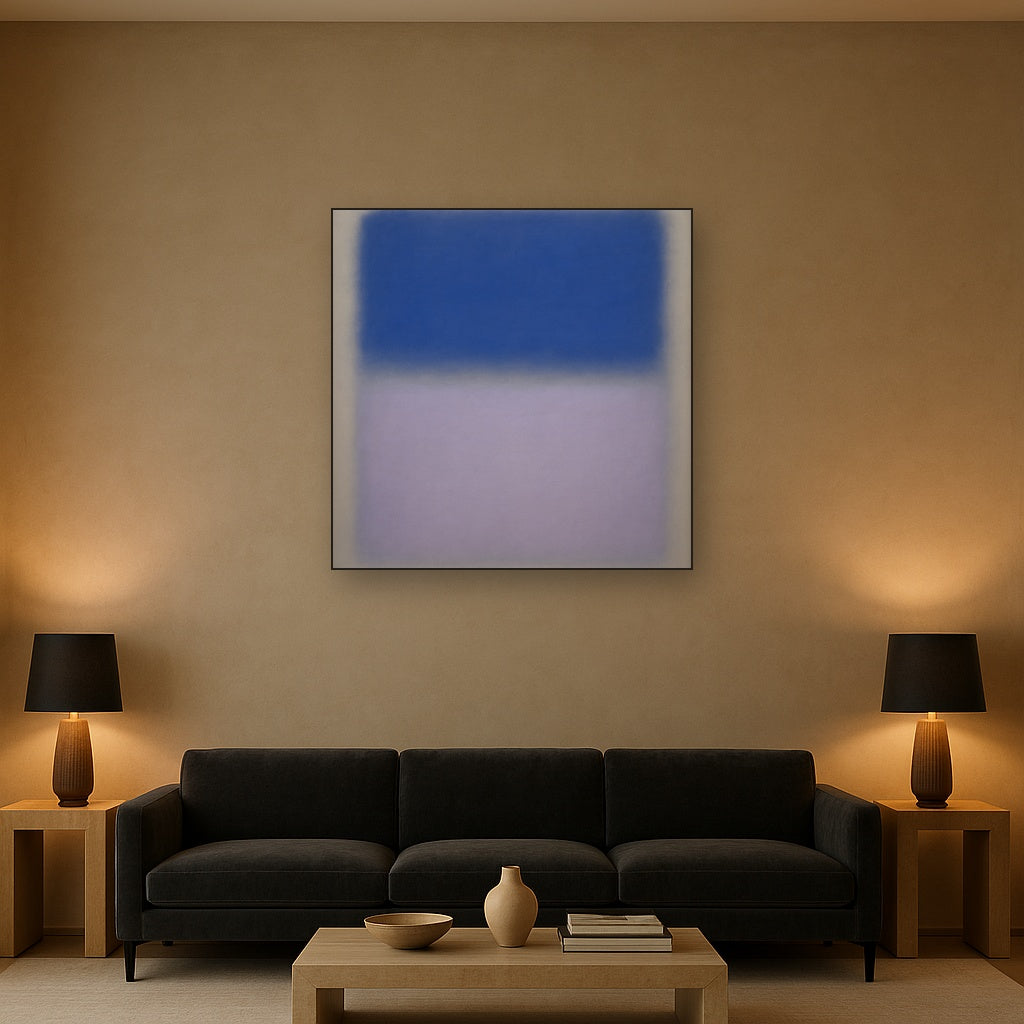 Cobalt Azure & Twilight Lavender Immersion No. 22 Oil Painting Staged Above Sectional Sofa in Living Room, Hand Painted Canvas Wall Art for Home Decor