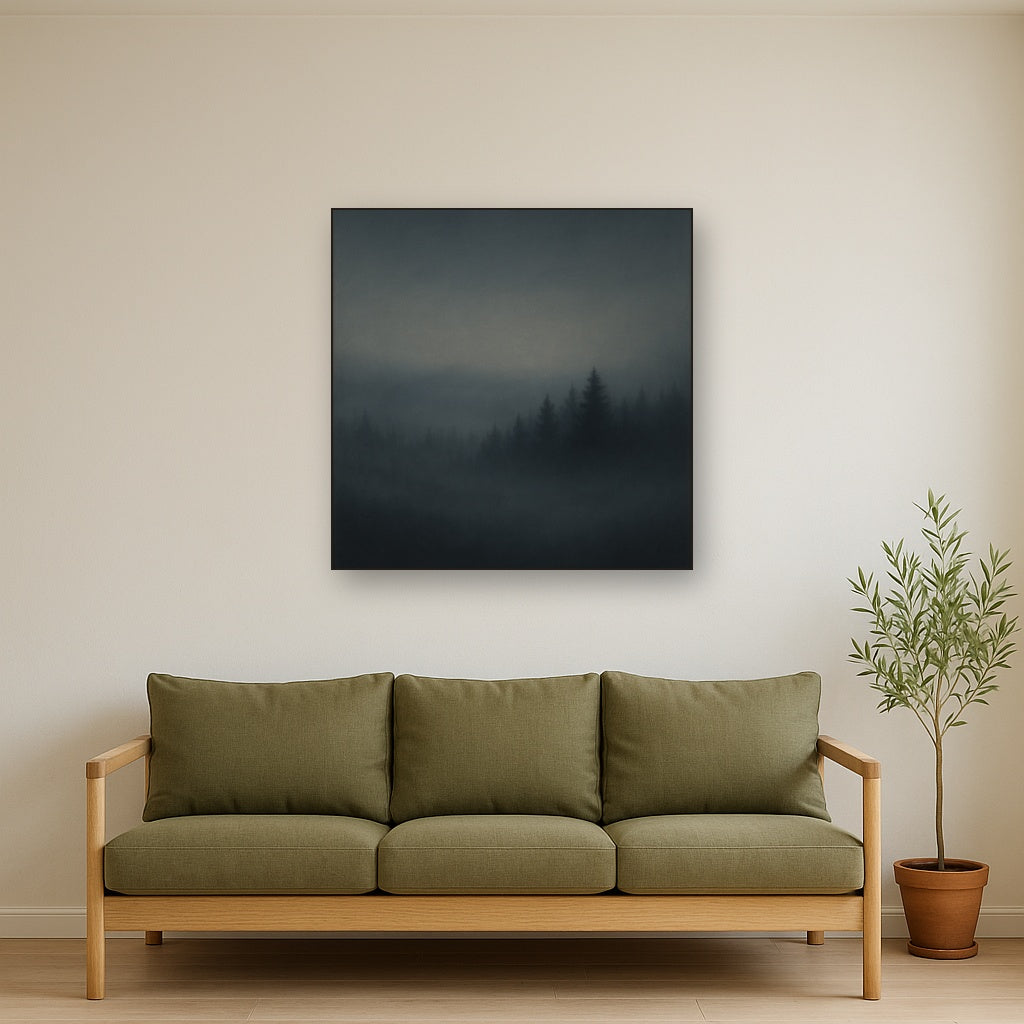 Dusk over Silent Pine Ridgeline in Charcoal Fog No. 19 Oil Painting Staged Above Sectional Sofa in Living Room, Hand Painted Canvas Wall Art for Home Decor