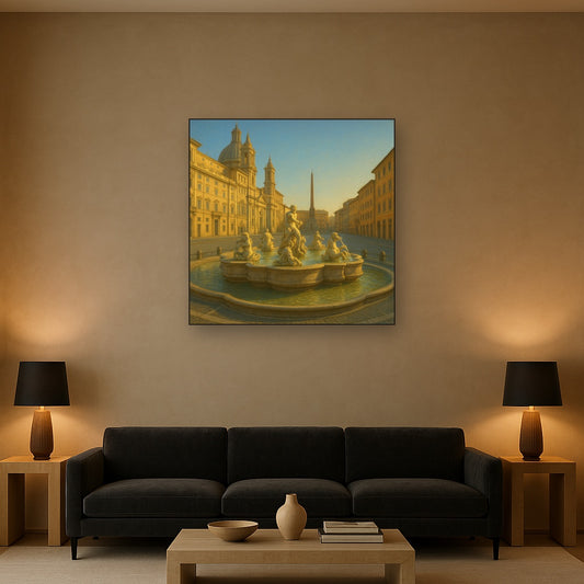 Rome Piazza Fountain in Morning Sunlight No. 22 Oil Painting Staged Above Sectional Sofa in Living Room, Hand Painted Canvas Wall Art for Home Decor
