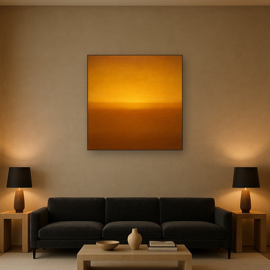 Warm Amber & Raw Sienna Sunset Meditation No. 10 Oil Painting Staged Above Sectional Sofa in Living Room, Hand Painted Canvas Wall Art for Home Decor