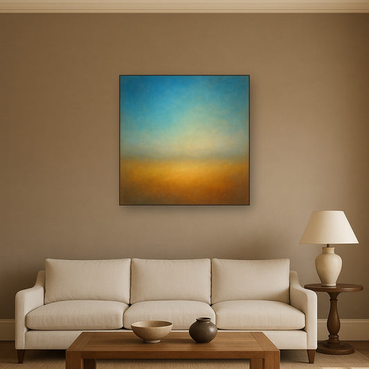 Celestial Azure & Warm Ochre Equilibrium No. 14 Oil Painting Staged Above Sectional Sofa in Living Room, Hand Painted Canvas Wall Art for Home Decor