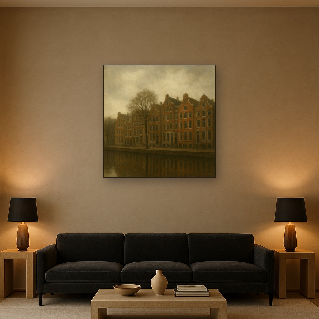 Amsterdam Canal Houses Under Overcast Sky No. 9 Oil Painting - View 2