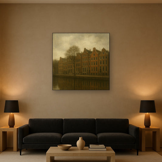 Amsterdam Canal Houses Under Overcast Sky No. 9 Oil Painting - View 2