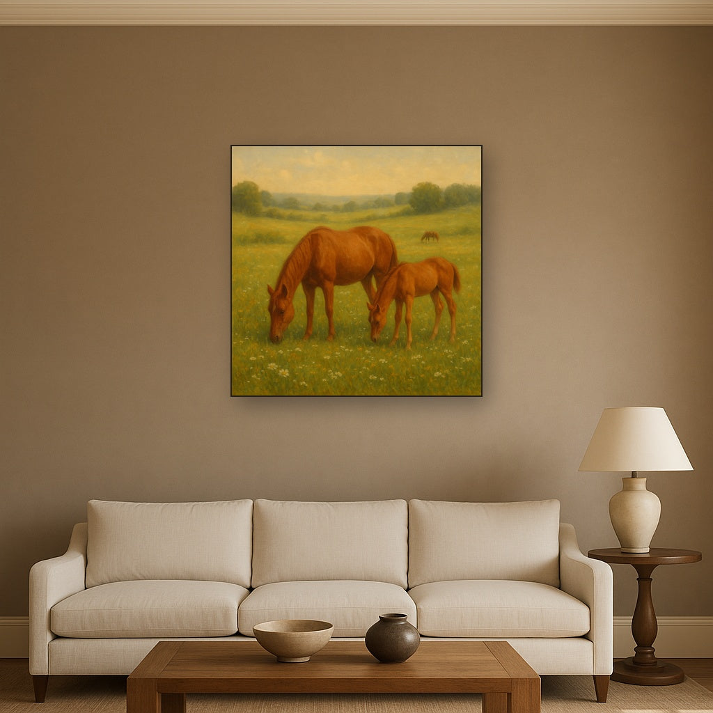 Mares & Foals Grazing in Rolling Meadow No. 7 Oil Painting - View 2