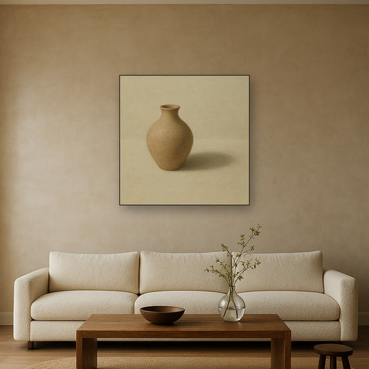 Organic Clay Vessel & Solitary Shadow No. 9 Oil Painting Staged Above Sectional Sofa in Living Room, Hand Painted Canvas Wall Art for Home Decor