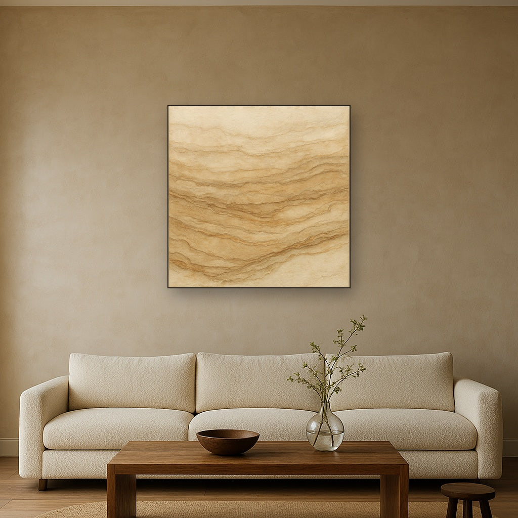 Weathered Mineral Sediments in Warm Ecru No. 2 Oil Painting Staged Above Sectional Sofa in Living Room, Hand Painted Canvas Wall Art for Home Decor