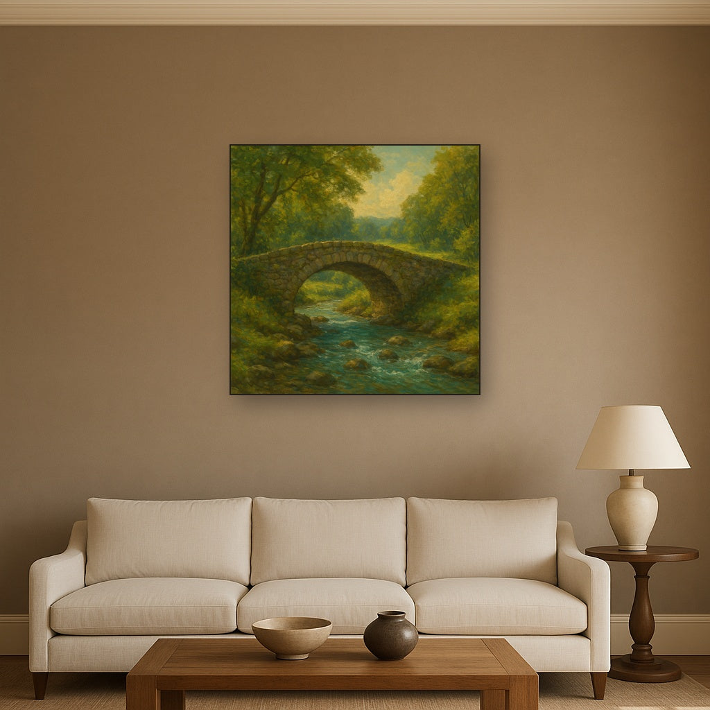 Old Stone Bridge over Bubbling Country Stream Fine Art Oil Painting - View 2