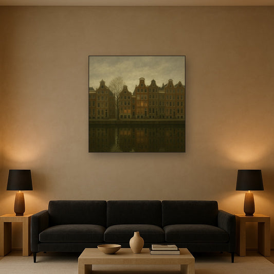 Amsterdam Canal Houses Under Overcast Sky No. 20 Oil Painting Staged Above Sectional Sofa in Living Room, Hand Painted Canvas Wall Art for Home Decor