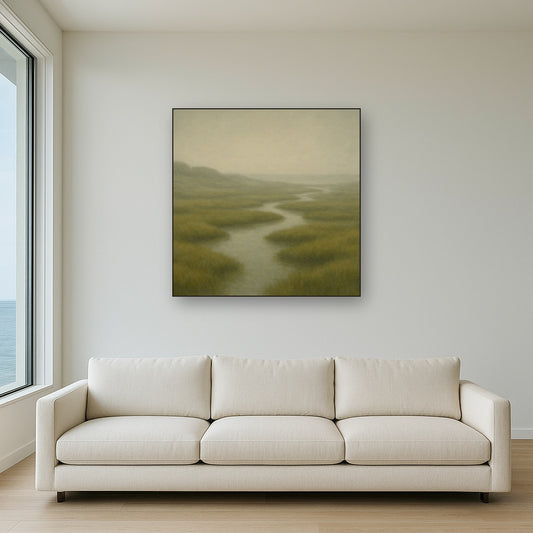 Morning Fog over Cape Cod Tidal Marsh No. 6 Oil Painting Staged Above Sectional Sofa in Living Room, Hand Painted Canvas Wall Art for Home Decor
