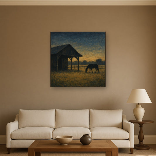 Rustic Equestrian Stable Silhouette Oil Painting - Styled in Modern Living Room