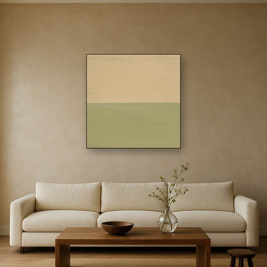 Muted Horizon Calm Japandi Oil Painting - Styled in Modern Living Room