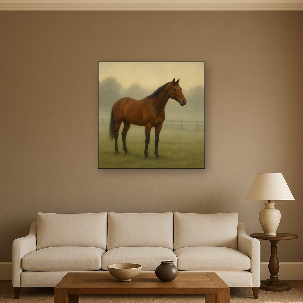 Thoroughbred in Morning Pasture Mist No. 11 Oil Painting - View 2