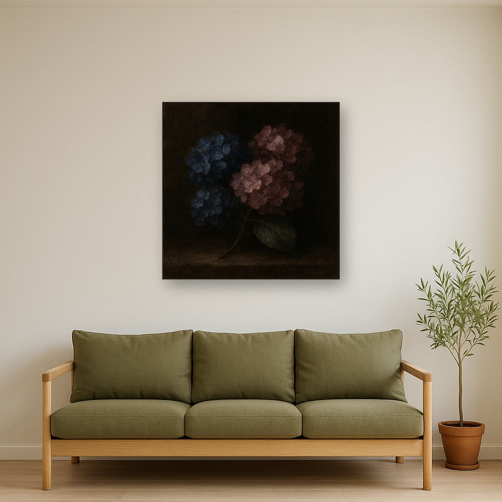 Moody Dark Hydrangea Floral Oil Painting - Styled in Modern Living Room