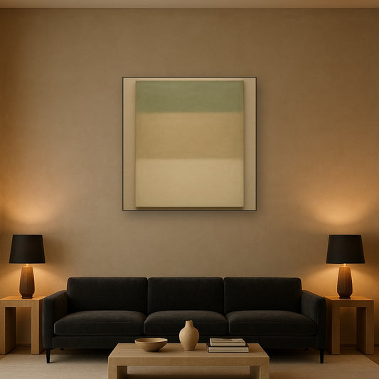 Sage Olive & Pale Sandstone Minimalist Harmony No. 3 Oil Painting Staged Above Sectional Sofa in Living Room, Hand Painted Canvas Wall Art for Home Decor