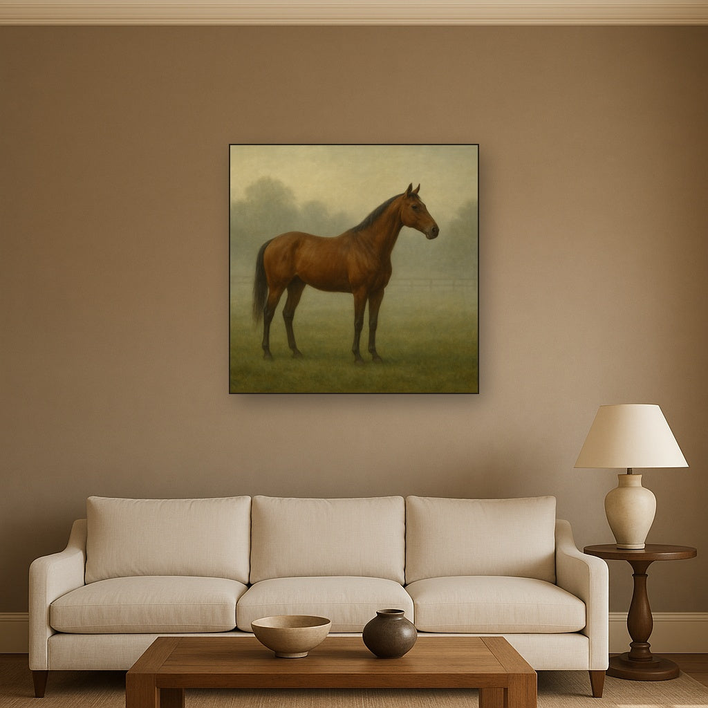 Thoroughbred in Morning Pasture Mist No. 7 Oil Painting - View 2