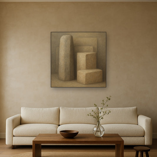 Driftwood Grey & Weathered Stone Monolith No. 24 Oil Painting Staged Above Sectional Sofa in Living Room, Hand Painted Canvas Wall Art for Home Decor