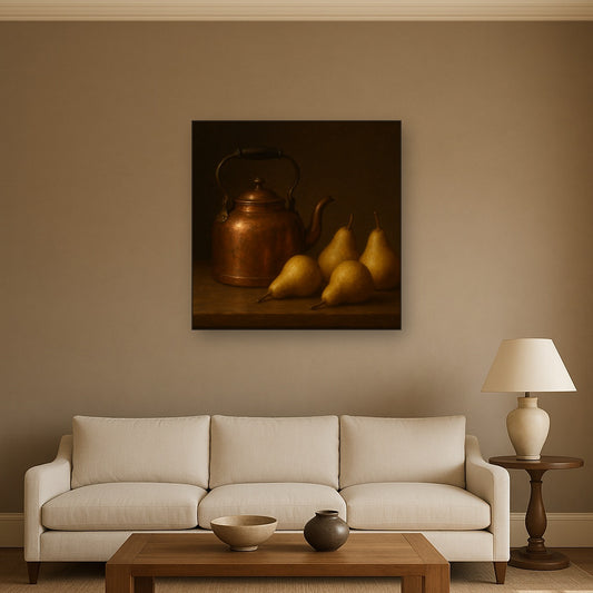Antique Copper Kettle & Orchard Pears No. 4 Oil Painting Staged Above Sectional Sofa in Living Room, Hand Painted Canvas Wall Art for Home Decor