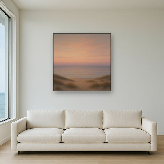 Pastel Dusk Horizon over Calm Atlantic Waters Oil Painting Staged Above Sectional Sofa in Living Room, Hand Painted Canvas Wall Art for Home Decor
