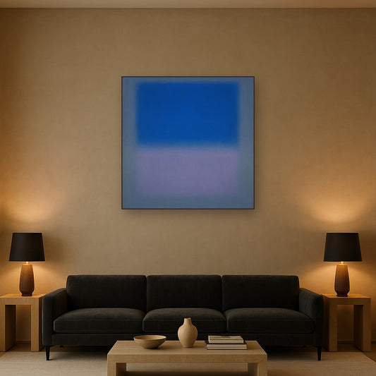 Cobalt Azure & Twilight Lavender Immersion No. 4 Oil Painting Staged Above Sectional Sofa in Living Room, Hand Painted Canvas Wall Art for Home Decor
