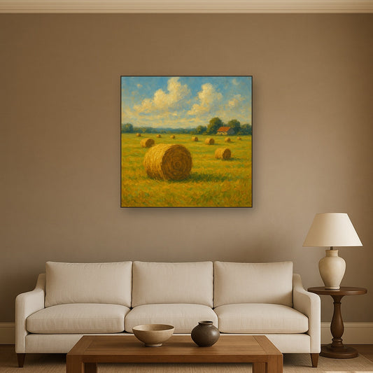 Rolling Meadow Hay Bales Horizon No. 4 Oil Painting - Styled in Modern Living Room