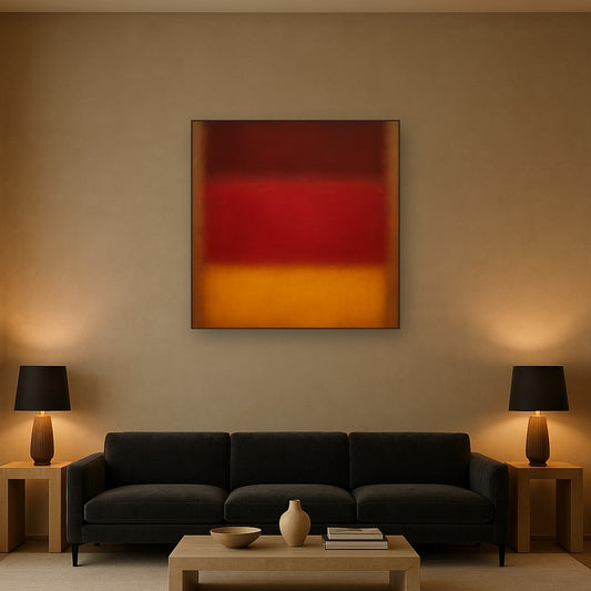 Crimson Burgundy & Saffron Gold Color Vibrations No. 18 Oil Painting Staged Above Sectional Sofa in Living Room, Hand Painted Canvas Wall Art for Home Decor