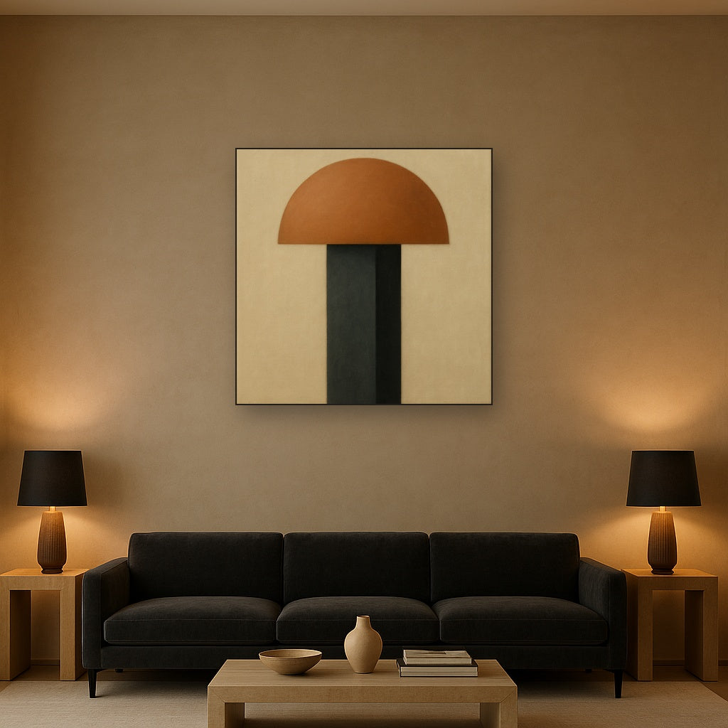 Semicircle Horizon & Minimalist Pillar No. 6 Oil Painting Staged Above Sectional Sofa in Living Room, Hand Painted Canvas Wall Art for Home Decor