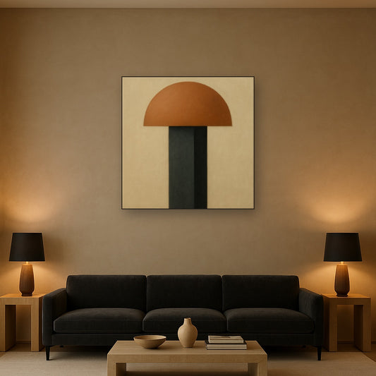 Semicircle Horizon & Minimalist Pillar No. 6 Oil Painting Staged Above Sectional Sofa in Living Room, Hand Painted Canvas Wall Art for Home Decor