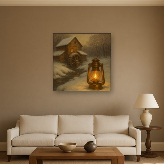 Snowy Mill Stream & Glowing Lantern No. 5 Oil Painting Staged Above Sectional Sofa in Living Room, Hand Painted Canvas Wall Art for Home Decor