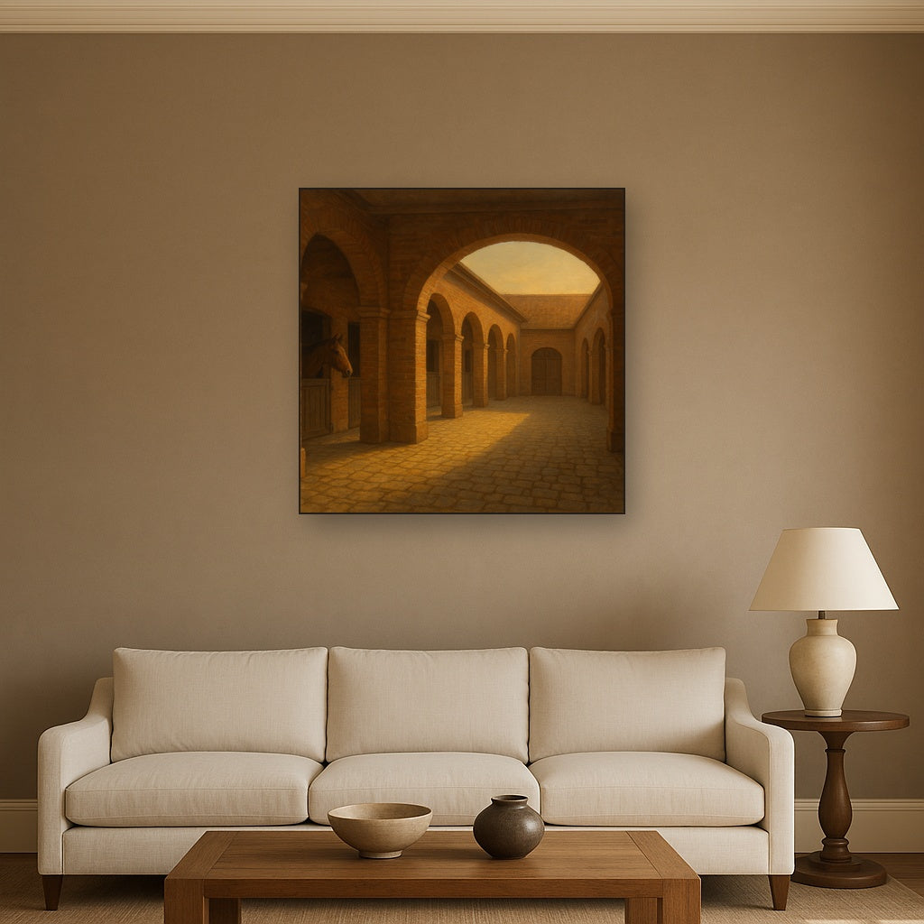 Equestrian Stable Courtyard in Late Afternoon No. 6 Oil Painting Staged Above Sectional Sofa in Living Room, Hand Painted Canvas Wall Art for Home Decor