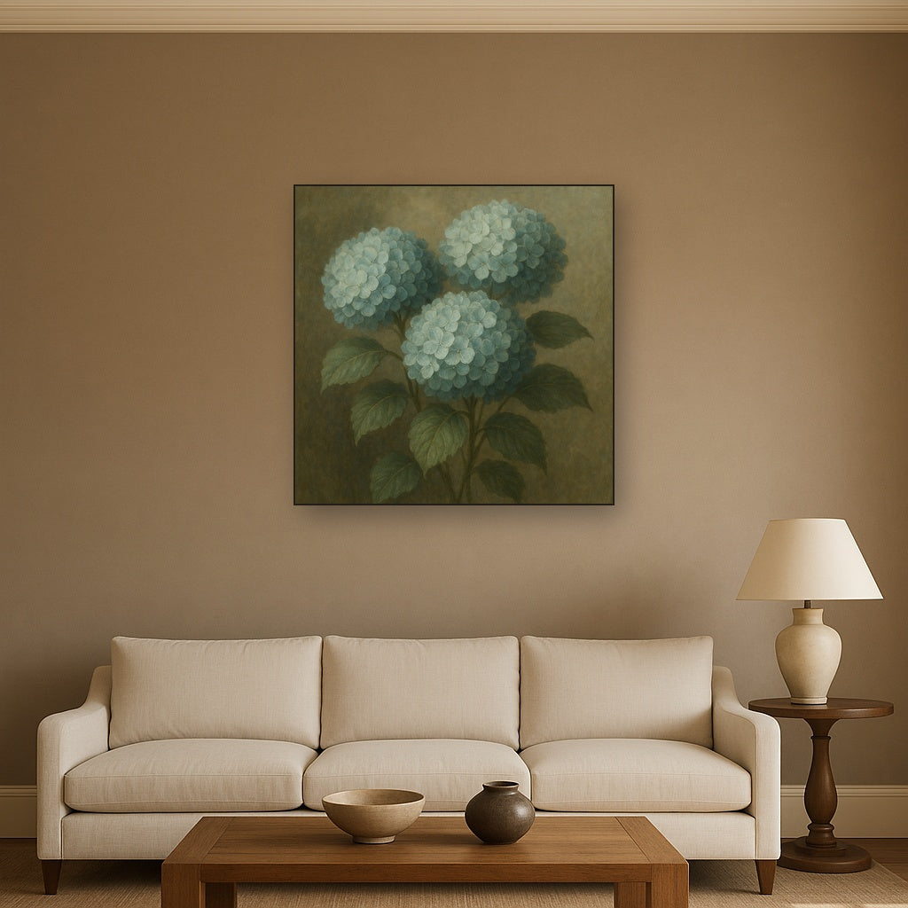 Hydrangea Trio in Dusty Blue & Antiqued Sage No. 11 Fine Art Oil Painting - View 2