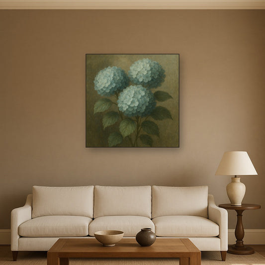 Hydrangea Trio in Dusty Blue & Antiqued Sage No. 11 Fine Art Oil Painting - View 2