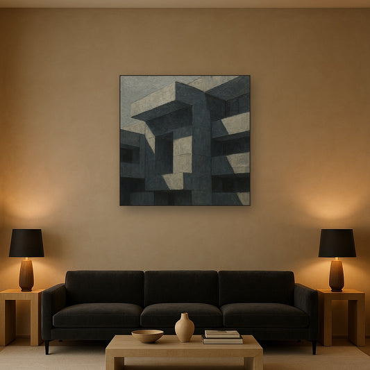 Brutalist Shadow Facade Geometric Oil Painting - View 2