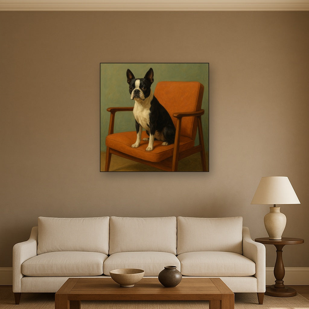 Boston Terrier in Warm Mid-Century Armchair No. 4 Fine Art Oil Painting - View 2