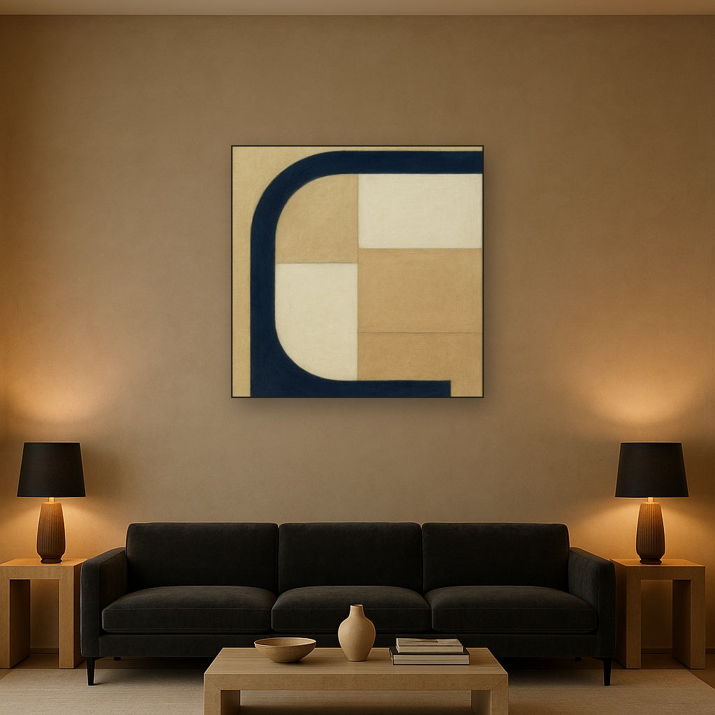 Navy & Warm Beige Geometric Line Balance No. 7 Fine Art Oil Painting - View 2
