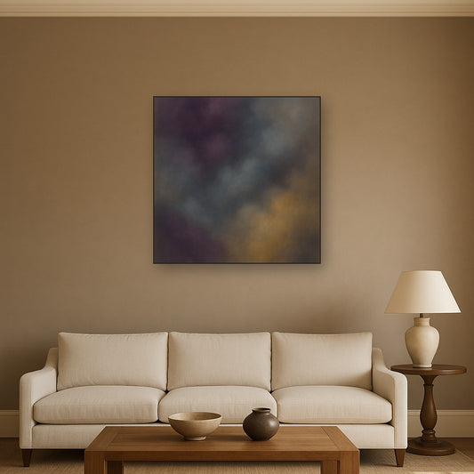 Gilded Plum & Soft Smoke Cloud Harmony No. 20 Oil Painting Staged Above Sectional Sofa in Living Room, Hand Painted Canvas Wall Art for Home Decor