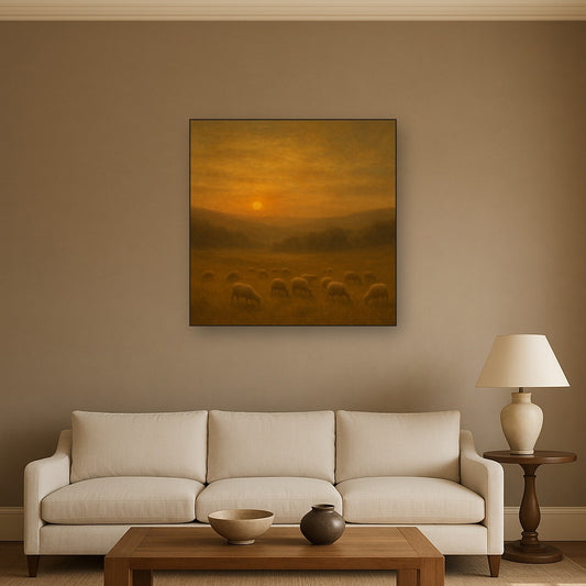 Sunset Grazing Flock in Golden Valley No. 10 Oil Painting Staged Above Sectional Sofa in Living Room, Hand Painted Canvas Wall Art for Home Decor