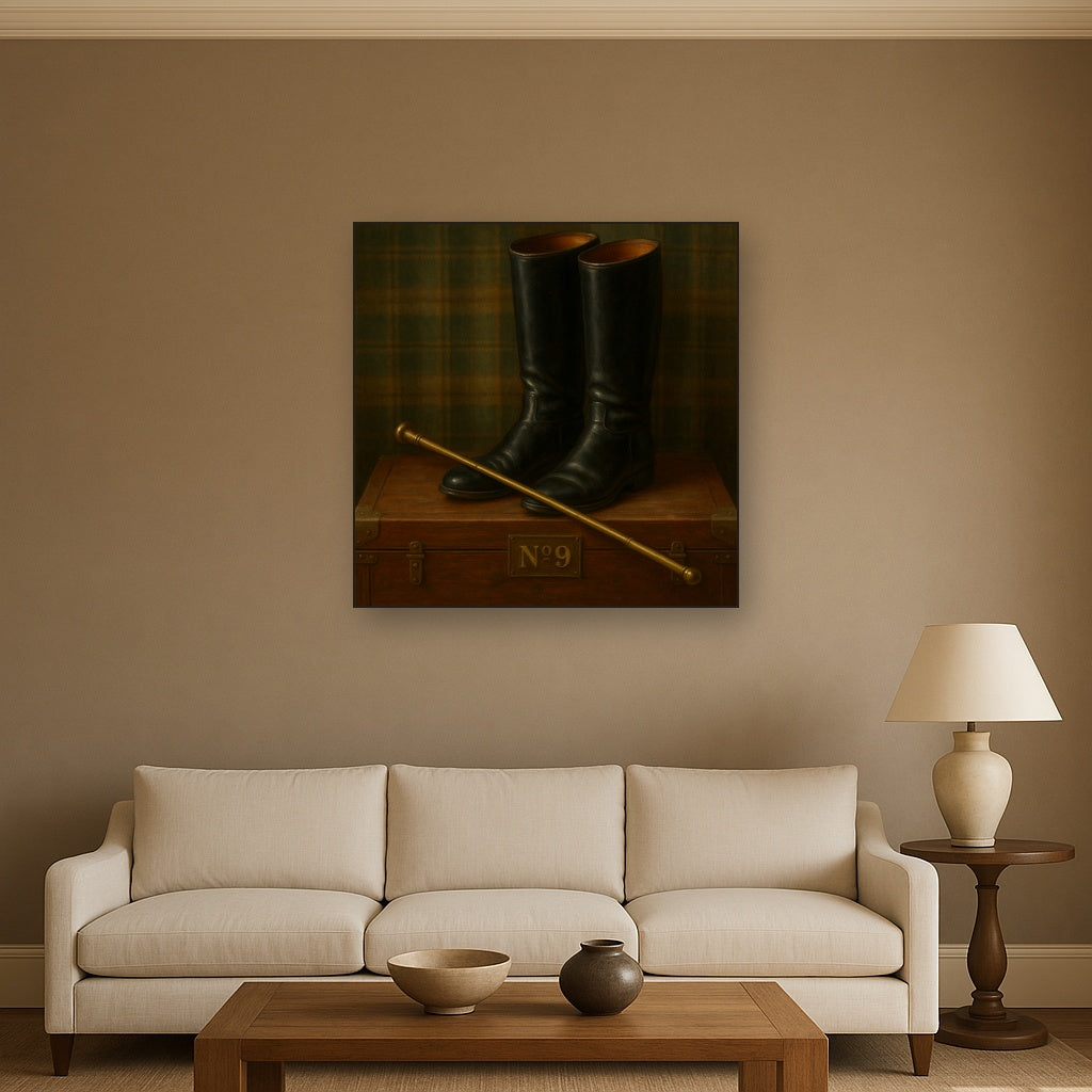 Vintage Riding Boots & Brass Crop on Trunk No. 9 Oil Painting Staged Above Sectional Sofa in Living Room, Hand Painted Canvas Wall Art for Home Decor
