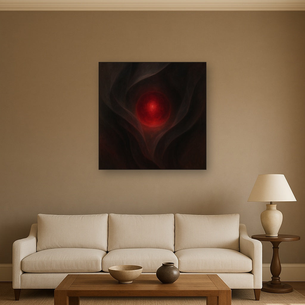 Smoky Ruby & Warm Obsidian Veils Oil Painting Staged Above Sectional Sofa in Living Room, Hand Painted Canvas Wall Art for Home Decor