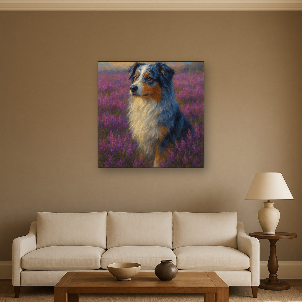 Australian Shepherd in Blooming Heather Field No. 13 Fine Art Oil Painting - View 2