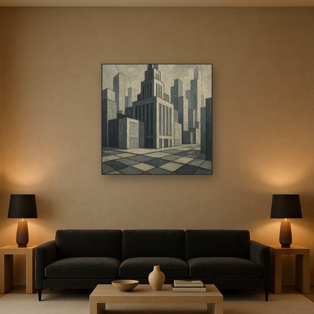 Metropolis Facade Modernist Geometric Oil Painting - View 2