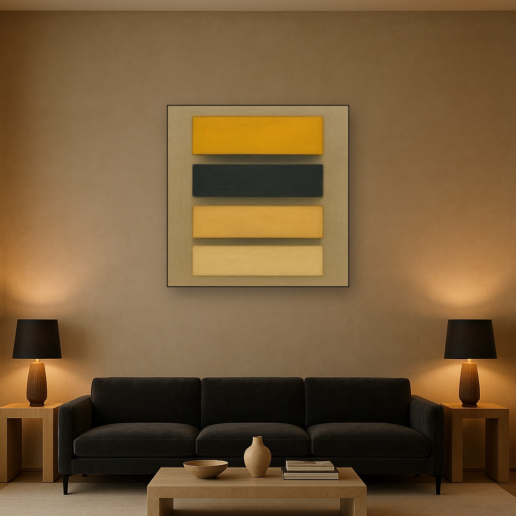 Stacked Horizon Blocks in Mustard & Charcoal No. 14 Oil Painting Staged Above Sectional Sofa in Living Room, Hand Painted Canvas Wall Art for Home Decor