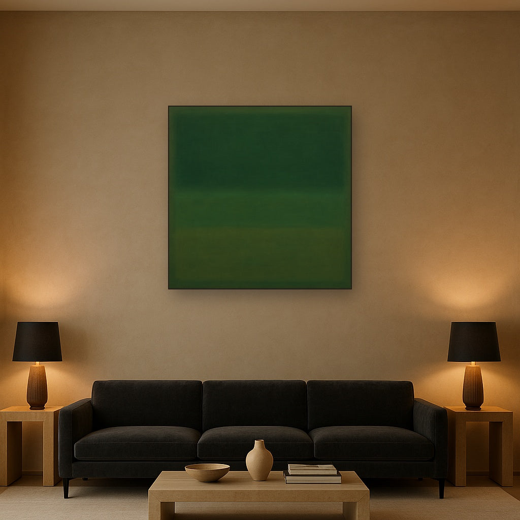 Forest Emerald & Deep Moss Contemplative Field No. 9 Oil Painting Staged Above Sectional Sofa in Living Room, Hand Painted Canvas Wall Art for Home Decor